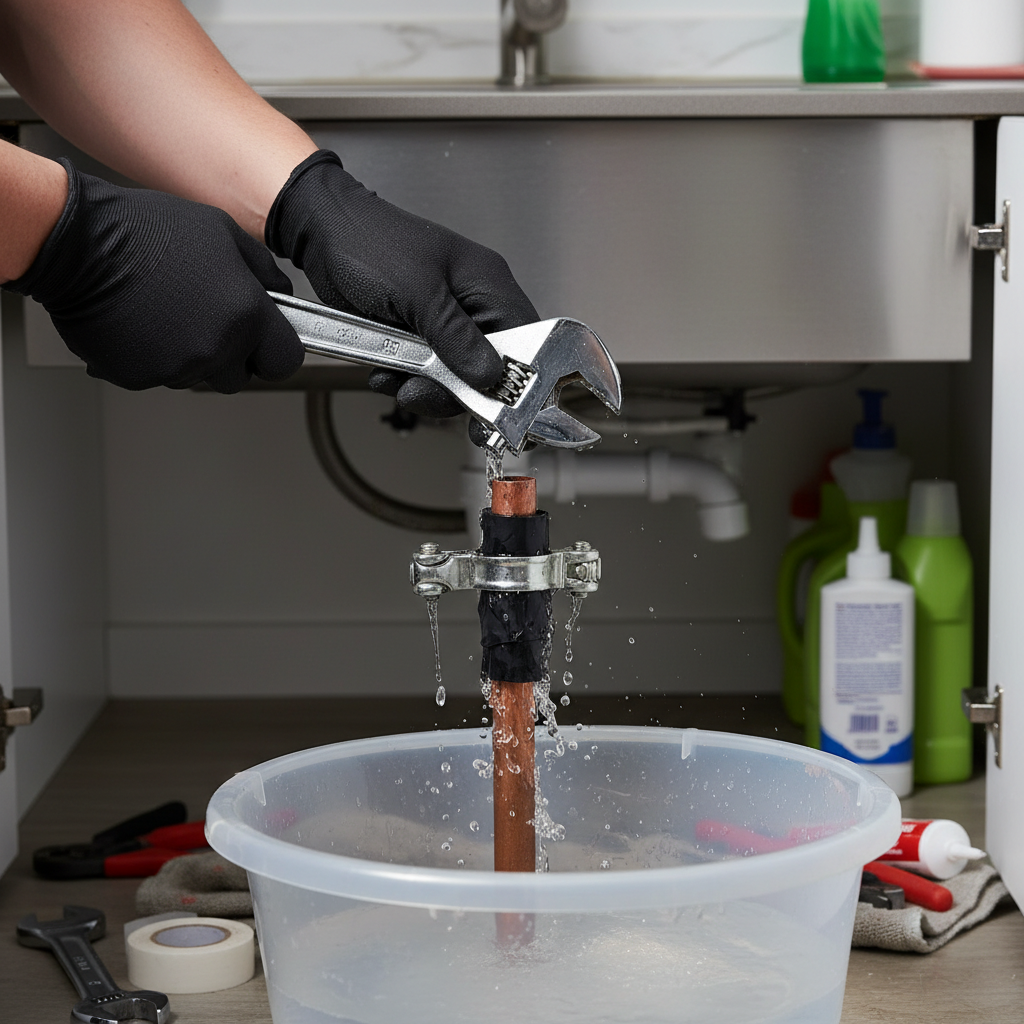 An emergency plumbing services technician in Irondale, CO, uses a wrench to tighten a pipe clamp on a leaking copper pipe under a sink, with water dripping into a plastic tub.