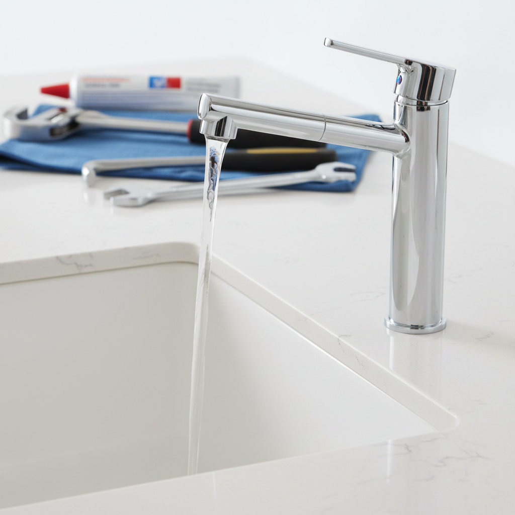 A modern chrome faucet with water running into a white sink, accompanied by tools in the background, symbolizing efficient faucet repair services in Hazeltine Heights, CO.