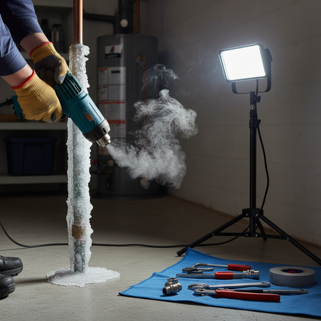 A person uses a heat gun to thaw a frozen pipe as part of a frozen pipe repair service in Alamo Placita, CO.