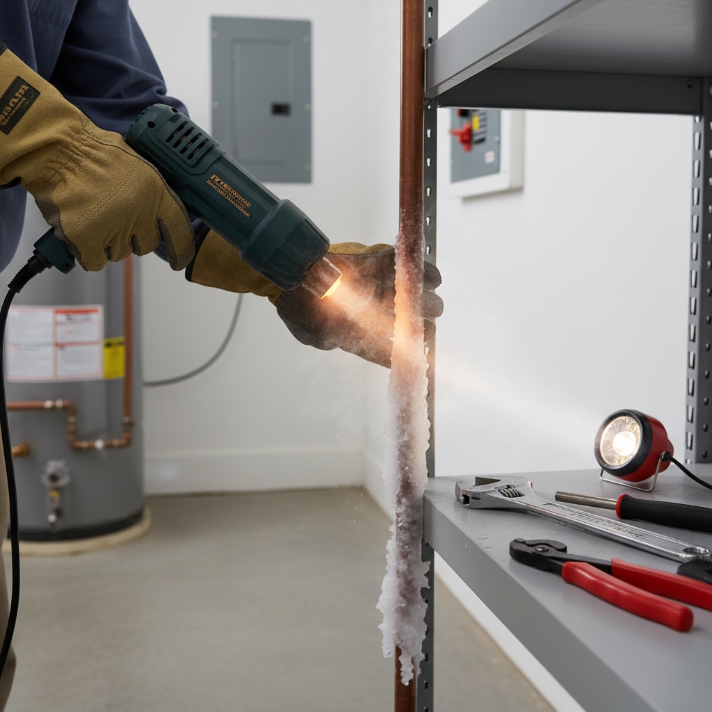 A gloved technician thaws a frozen pipe with a heat gun, illustrating expert frozen pipe repair services in Commerce City, CO.
