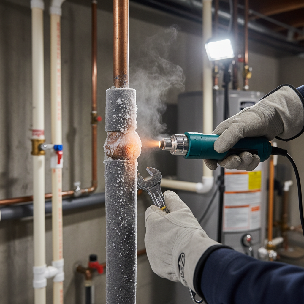 A gloved technician thaws a frozen copper pipe with a heat gun, illustrating expert frozen pipe repair services in Derby, CO.