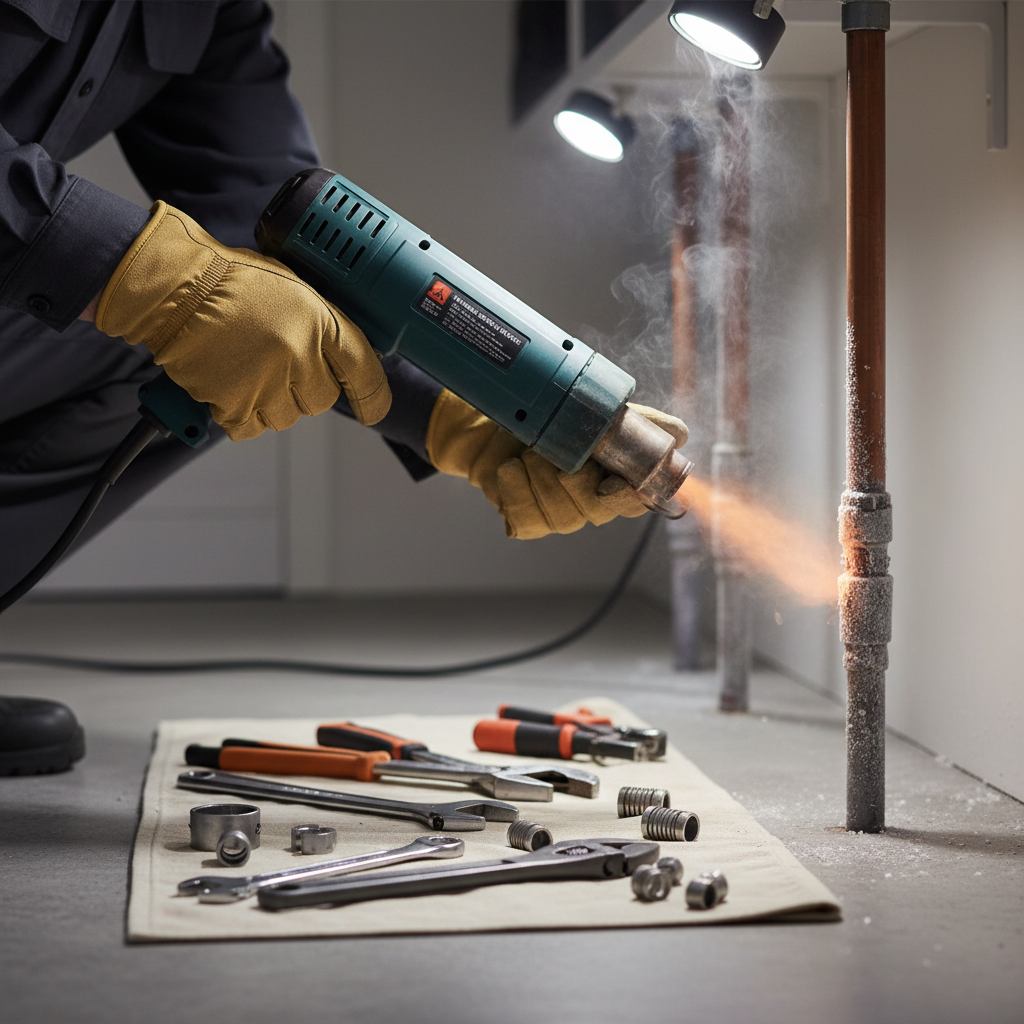 A gloved technician thaws a frozen pipe with a heat gun, surrounded by tools, illustrating frozen pipe repair in Mountain View, CO.
