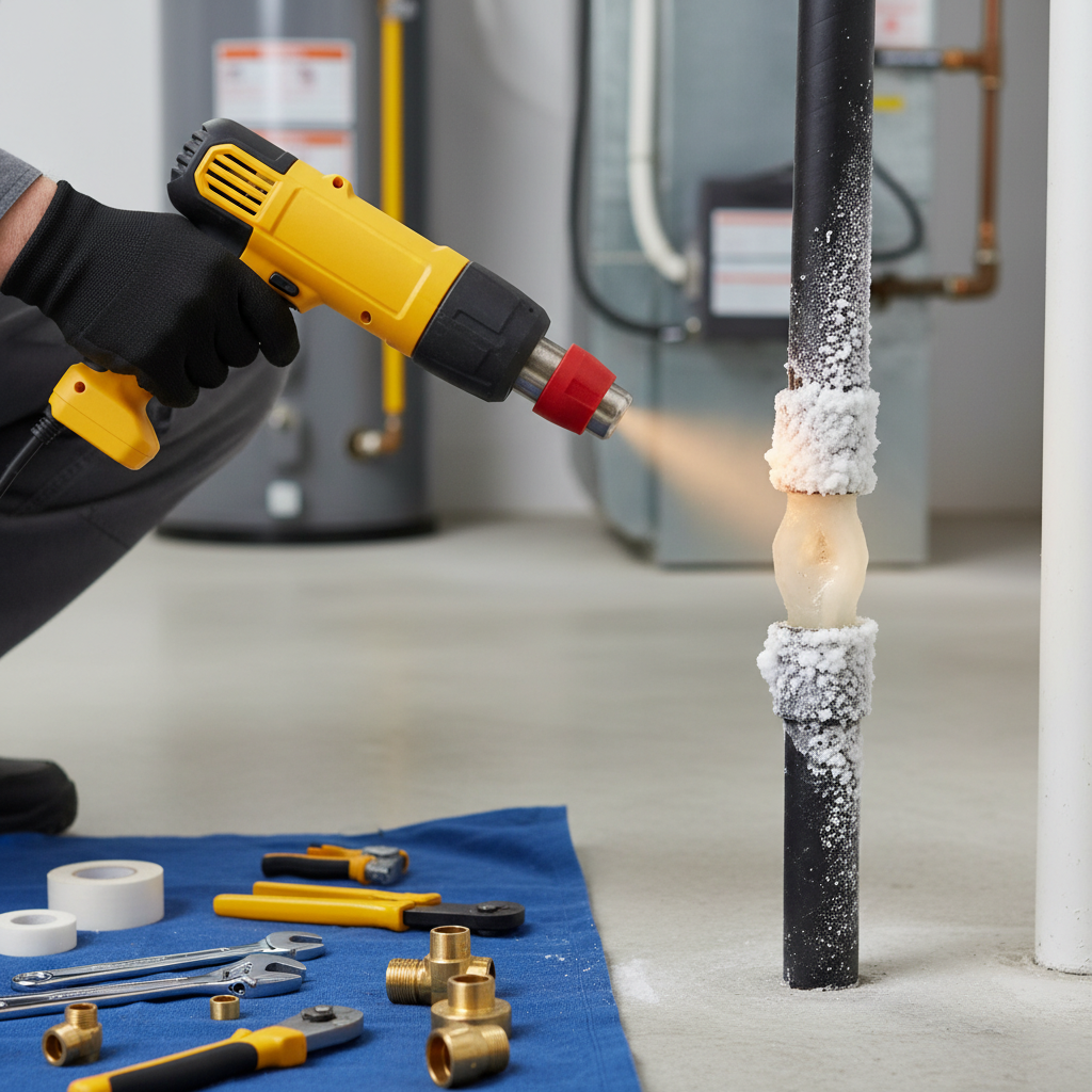 A gloved hand uses a heat gun to thaw a visibly frozen pipe, illustrating frozen pipe repair services available in Welby, CO.