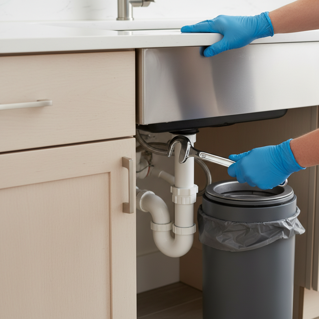 A plumber's gloved hands work on garbage disposal repair under a kitchen sink in Holly Hills, CO, with a trash can nearby.