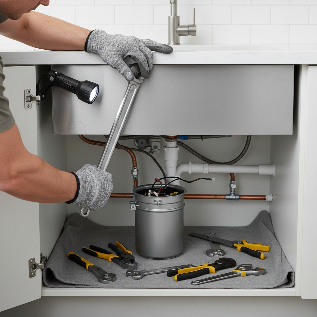 A gloved technician performs garbage disposal repair under a sink in Zuni, CO, with tools laid out and a flashlight illuminating the work area.