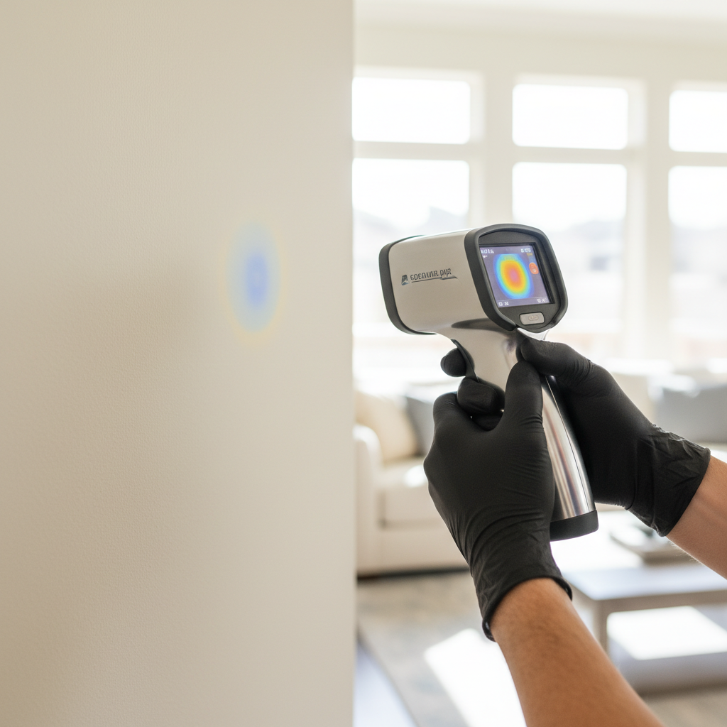 An infrared thermal imaging camera is used for leak detection in Cherry Hills Village, CO, showing a bright thermal anomaly on a wall.
