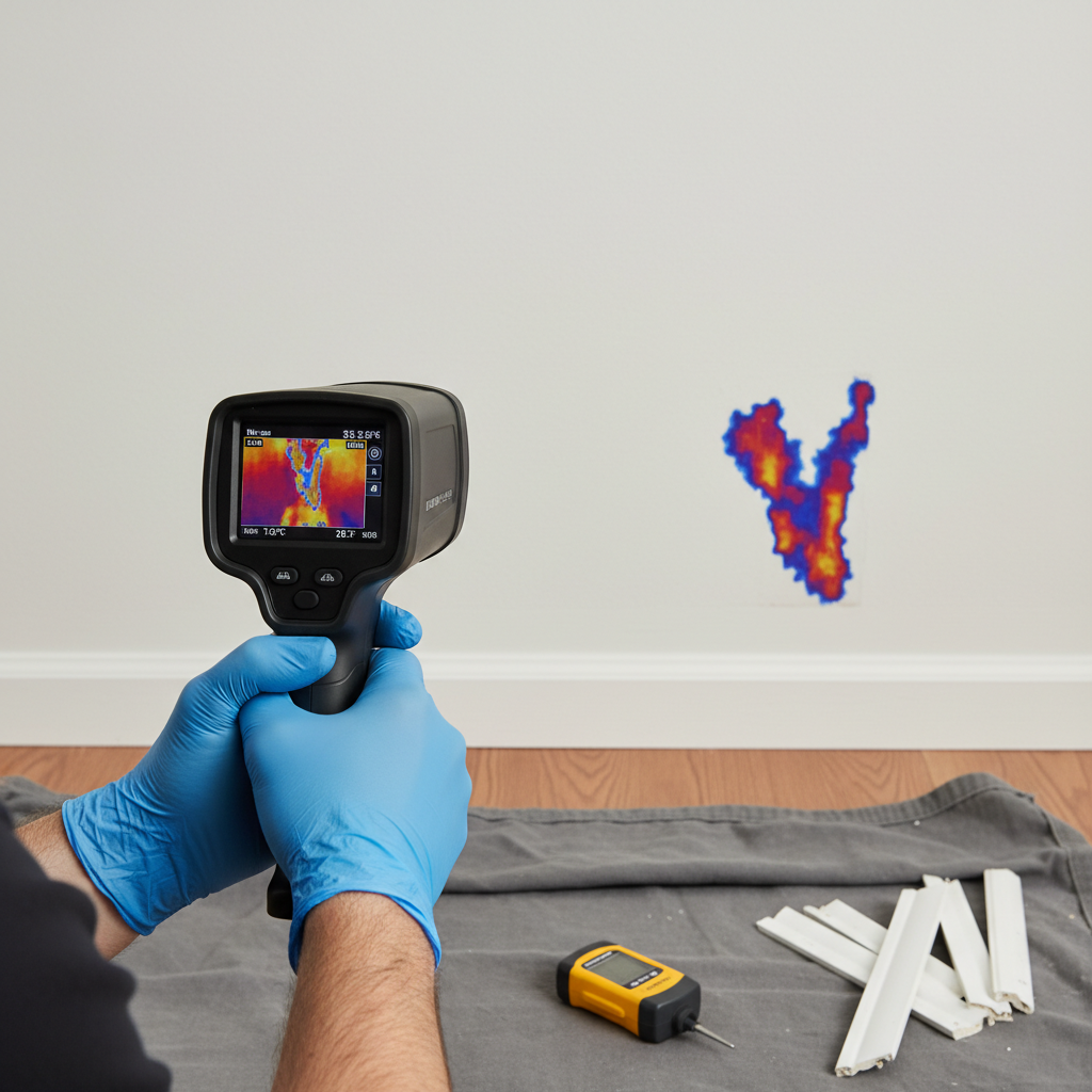 A professional conducting leak detection services in North Washington, CO, uses a thermal imaging camera to reveal a hidden moisture pattern on a white wall.