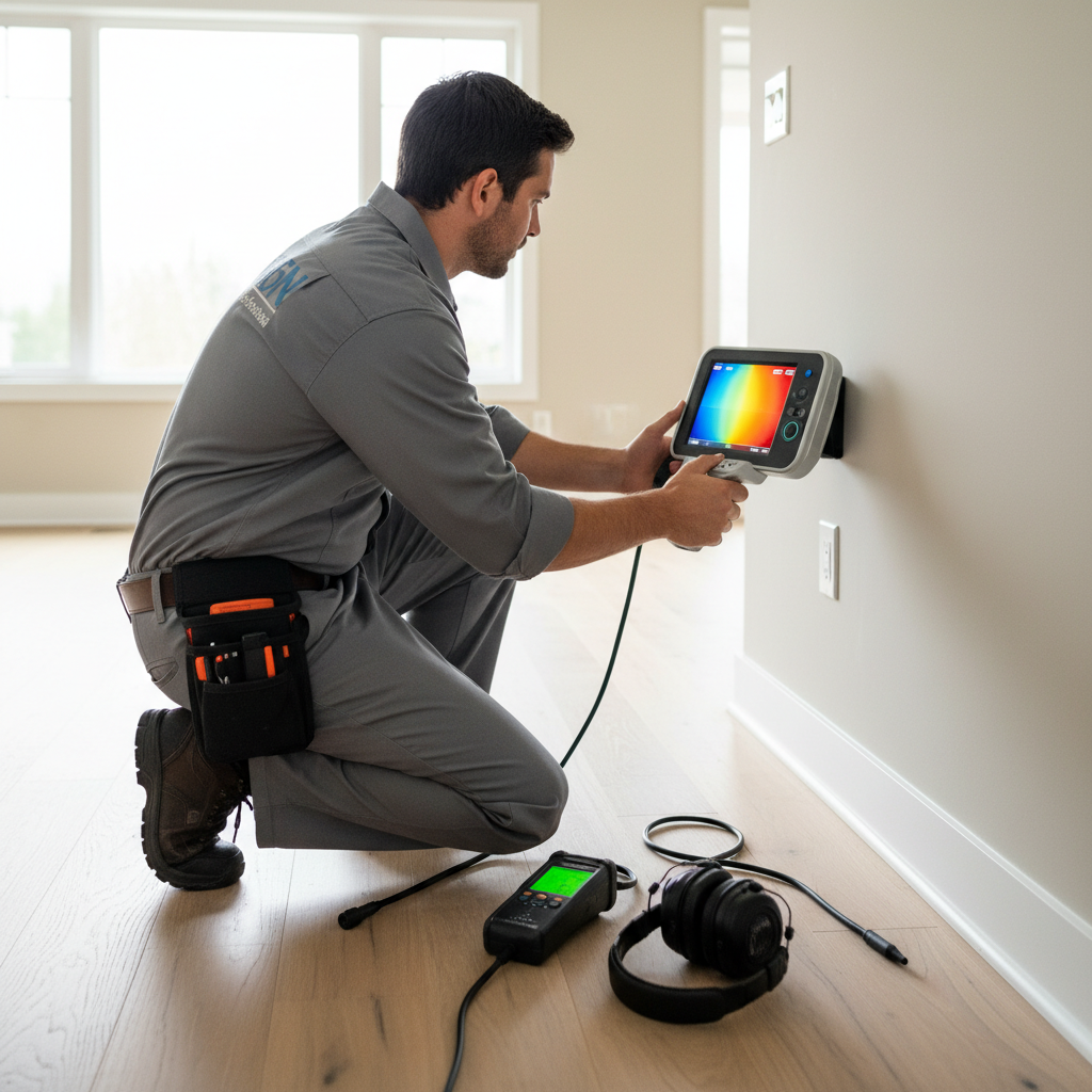 A technician performing leak detection services in Western Hills, CO, uses specialized equipment to scan a wall for hidden water damage.