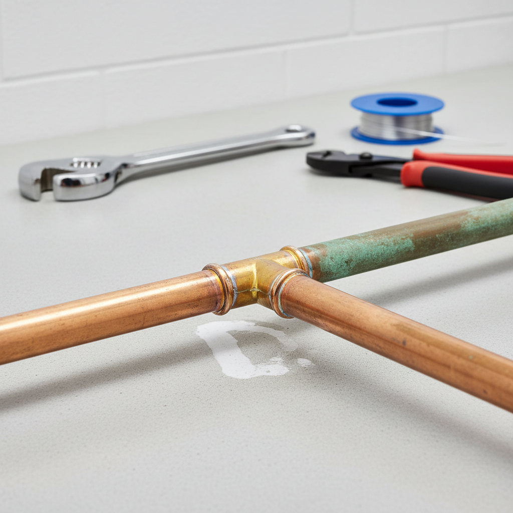 Close-up of a leaking copper pipe joint with tools nearby, illustrating common issues addressed by pipe repair services in Edgewater, CO.