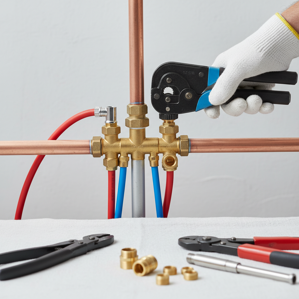 A gloved hand uses a crimping tool to work on copper pipes, illustrating the professional pipe replacement services available in Berkley, CO.