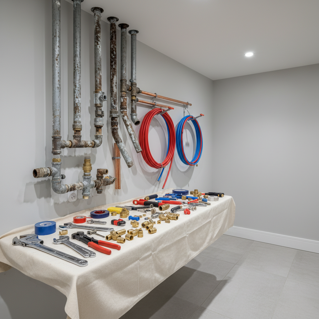 Plumbing tools and new red and blue PEX pipes are ready for pipe replacement services in Derby, CO, beside old, corroded metal pipes.