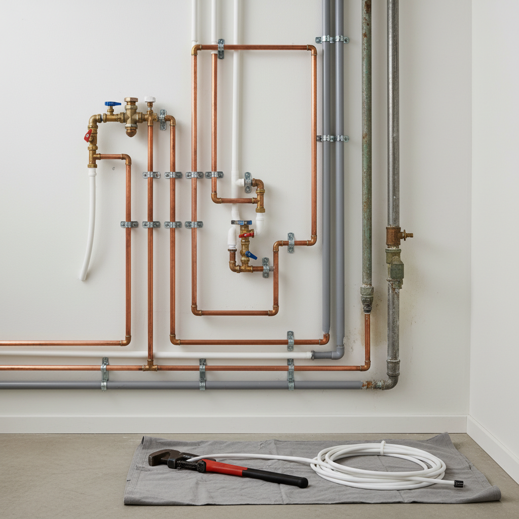 A network of new copper and PVC pipes on a white wall with older, rusted pipes to the right, illustrating pipe replacement services in Welby, CO.