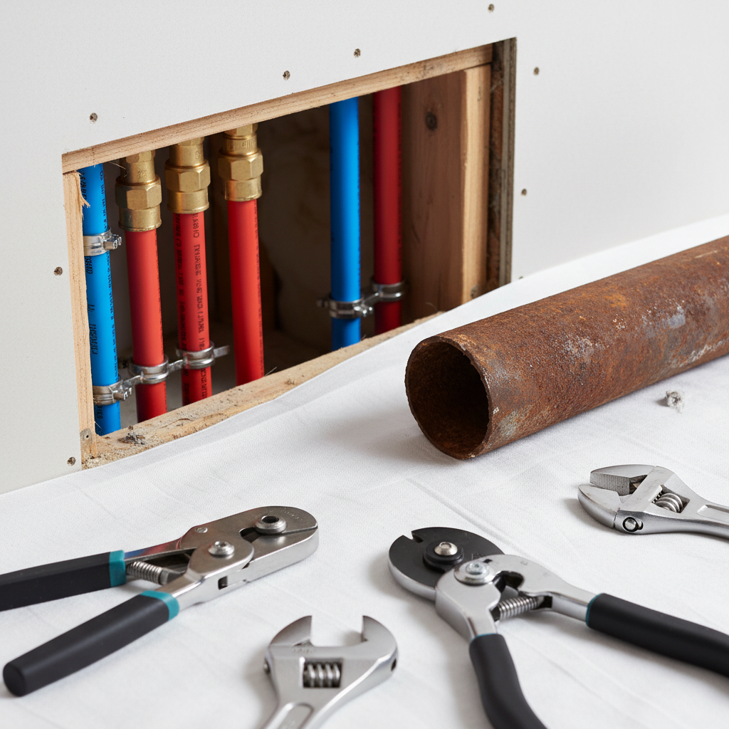 Tools and new PEX pipes are ready for pipe replacement in Zuni, CO, next to an old, rusted pipe.