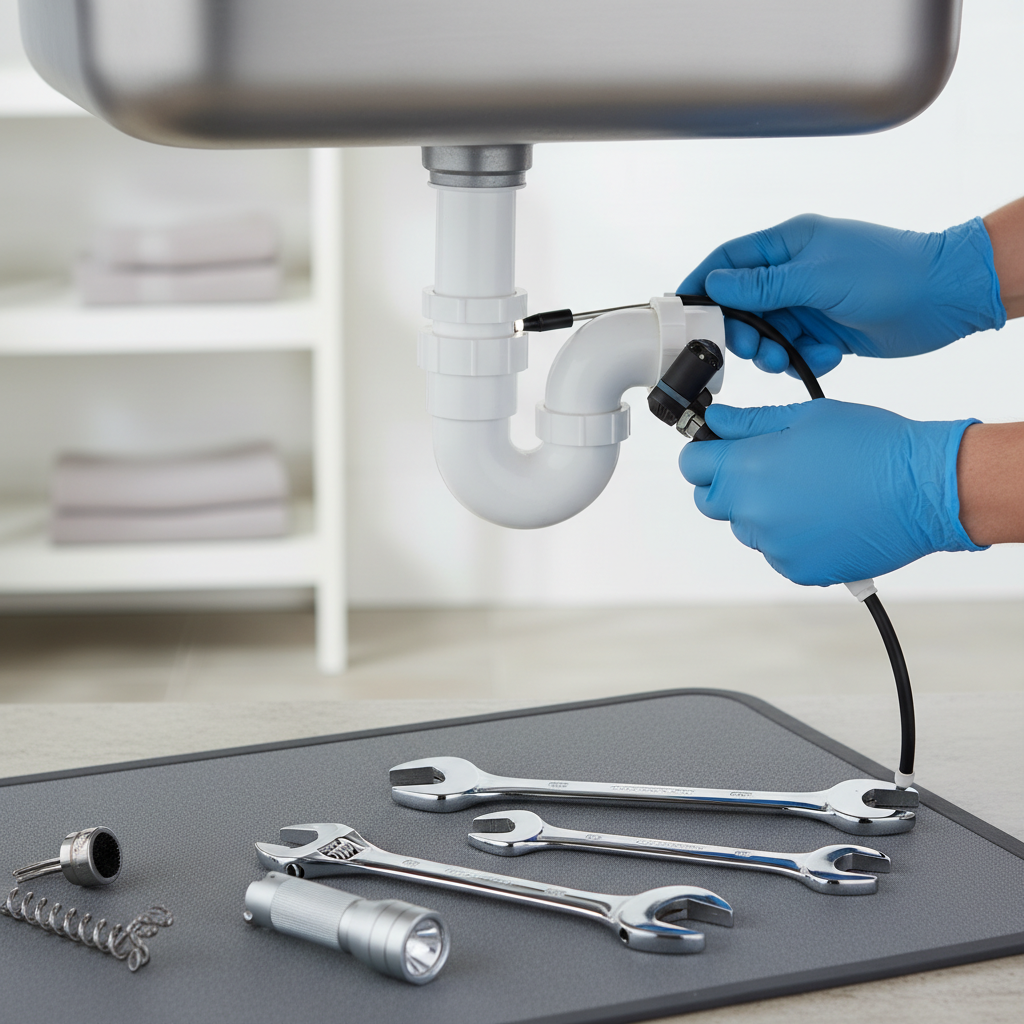 A plumber in Aurora, CO performs plumbing maintenance under a sink, using a snake tool to clear a drain with wrenches and a flashlight nearby.