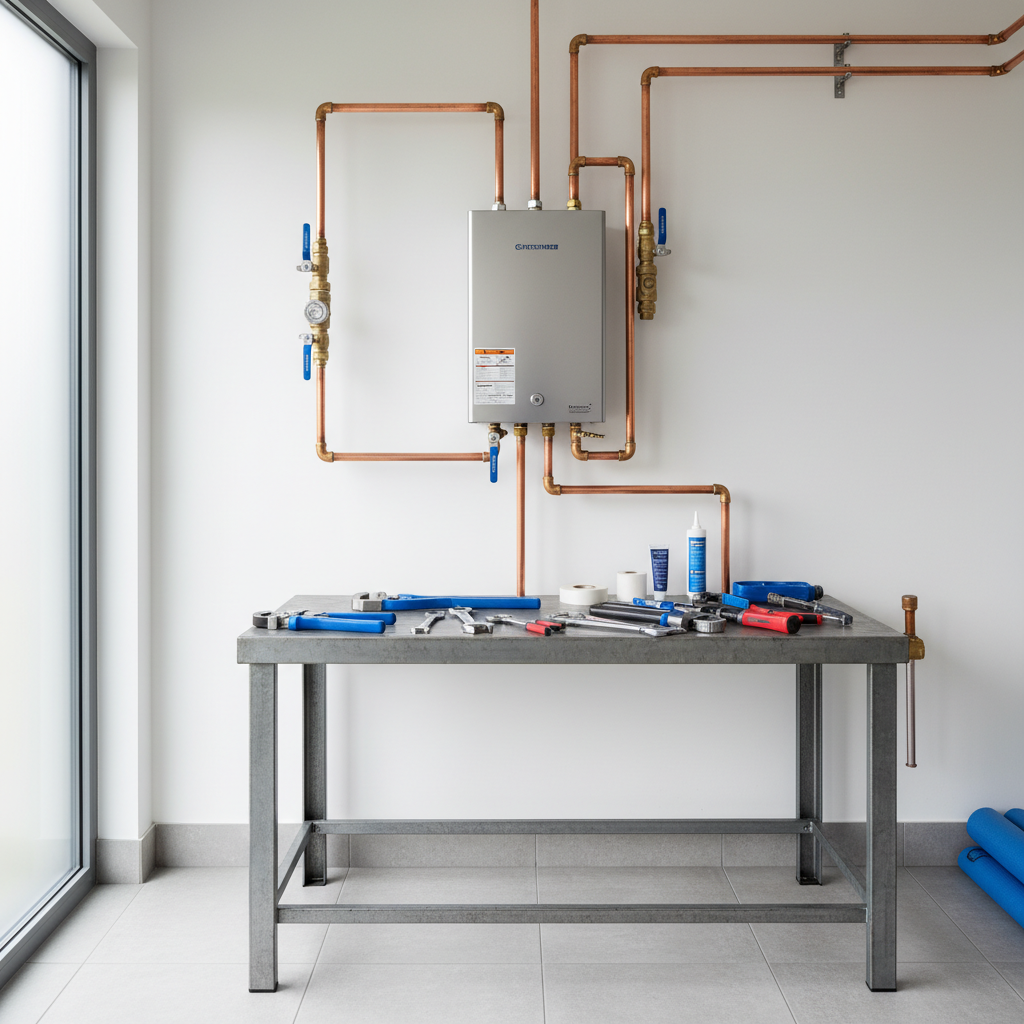 Residential plumbing installation with a tankless water heater and tools on a workbench in Irondale, CO.
