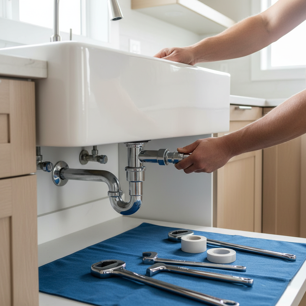 A plumber installs a sink for residential plumbing services in Twin Lakes, CO.