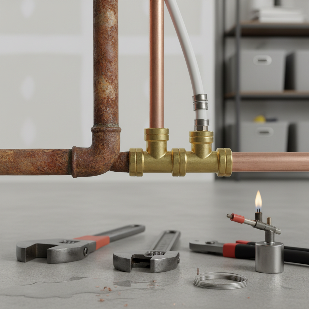 A corroded iron pipe is being replaced with new copper piping and fittings, surrounded by tools on a concrete floor, illustrating rusted pipe repair in Derby, CO.