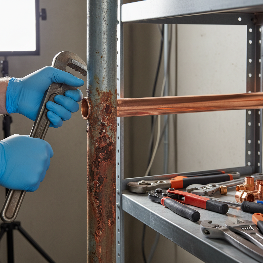 A gloved technician performs rusted pipe repair in Welby, CO, shown working on a corroded pipe with new copper piping nearby.