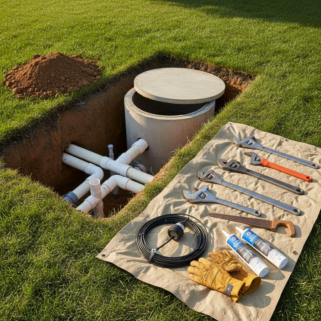 Tools and an open septic tank in a dug-up lawn, ready for septic tank repair in Alamo Placita, CO.