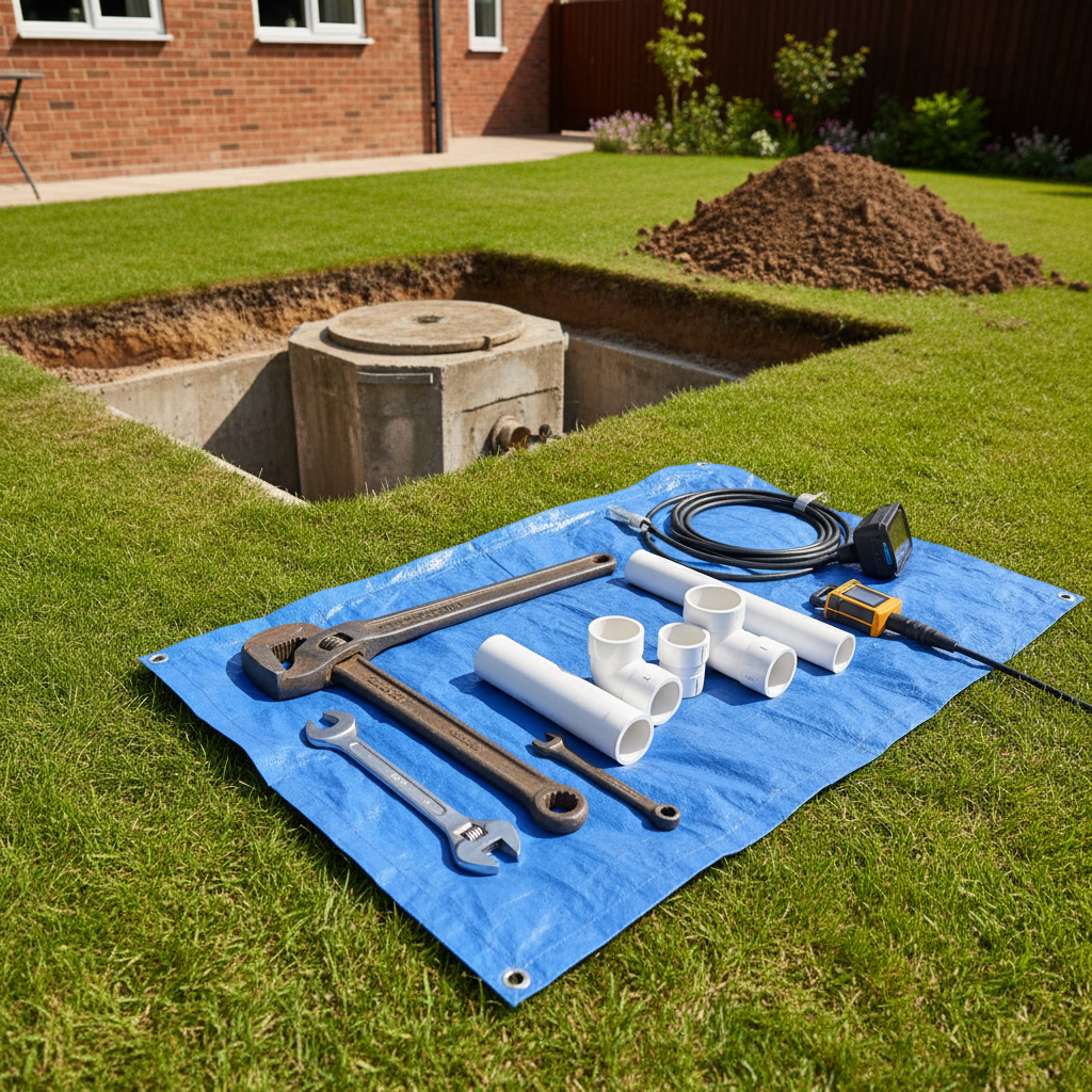 Tools and new piping laid on a blue tarp beside an open septic tank excavation, ready for septic tank repair in Derby, CO.