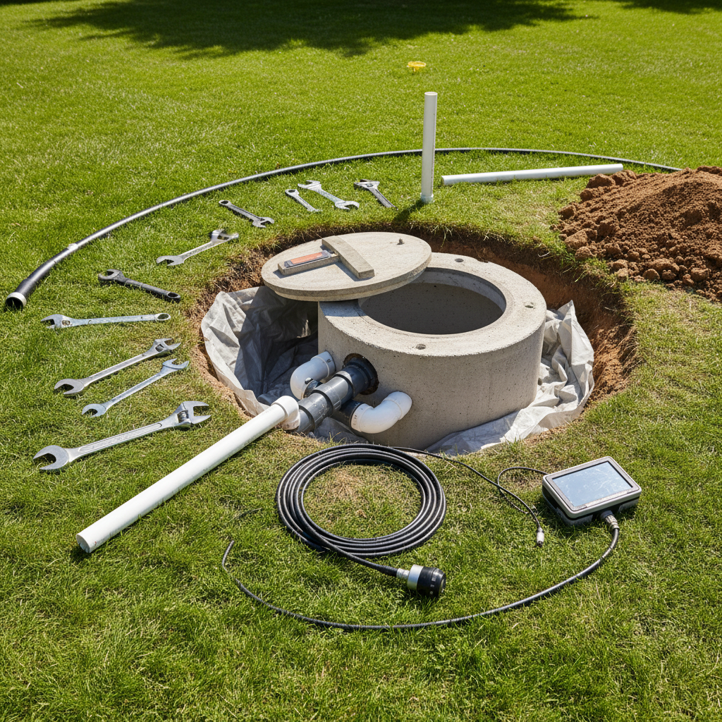 An open septic tank with various tools and equipment laid out on a green lawn, ready for septic tank repair services in Eno, CO.