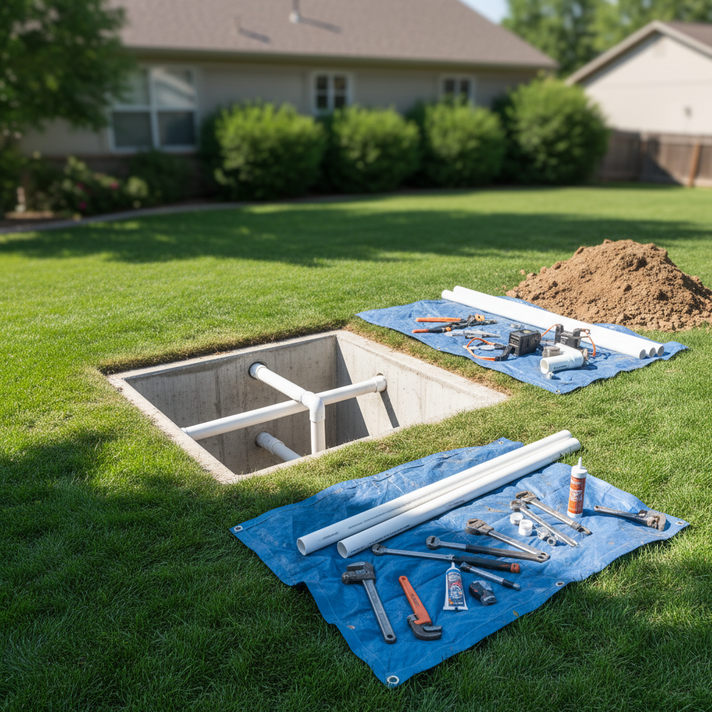 Septic tank repair tools and pipes laid out on tarps beside an open septic tank in a grassy yard in Sherrelwood, CO.
