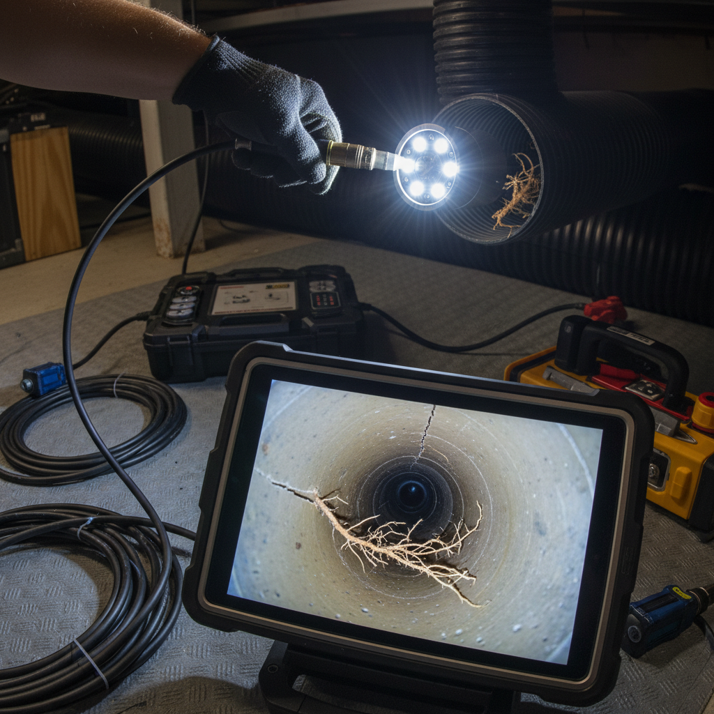 A plumber performs a sewer inspection in Welby, CO, using a camera to reveal tree roots and cracks inside a pipe displayed on a tablet.