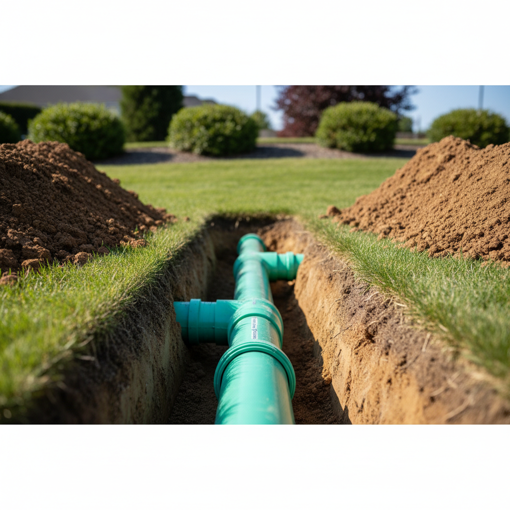 A newly installed green sewer line is visible in a trench, ready for sewer line repair services in Lakeside, CO.