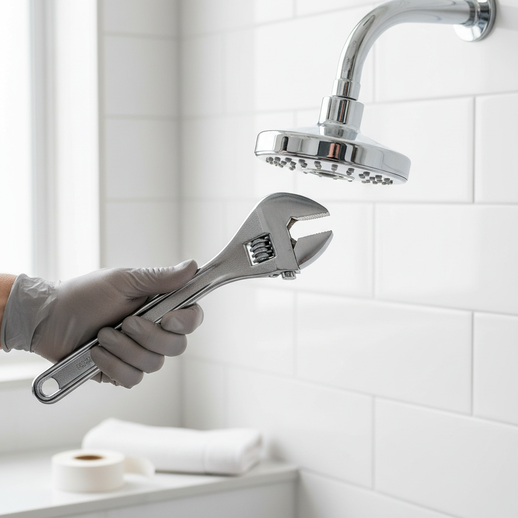 A gloved hand uses a wrench to perform shower repair on a chrome showerhead in a white tiled bathroom in Alamo Placita, CO.