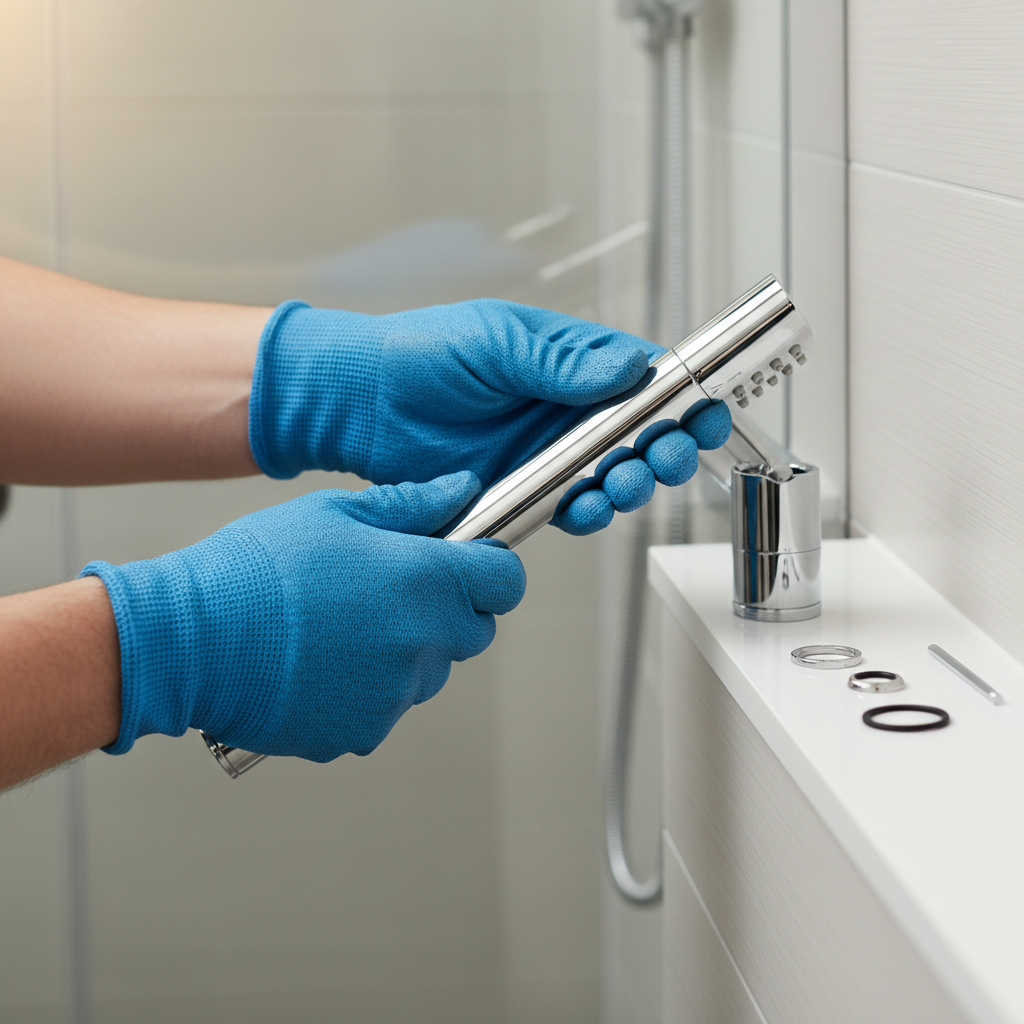 Hands in blue gloves holding a showerhead during a shower repair service in Derby, CO.