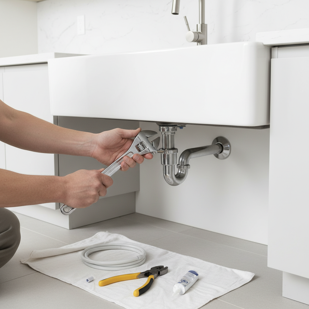 A person's hands performing sink repair on a white modern kitchen sink in Alamo Placita, CO with tools laid out on a white cloth on the floor.