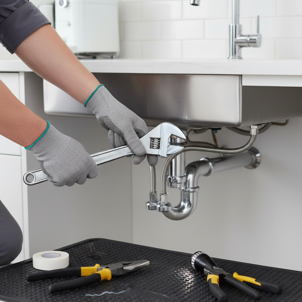 A plumber's gloved hands use a wrench to perform sink repair under a kitchen sink in Rolla, CO.