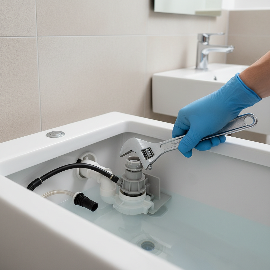A plumber in blue gloves performs toilet repair with a wrench on an open toilet tank in Hazeltine Heights, CO.
