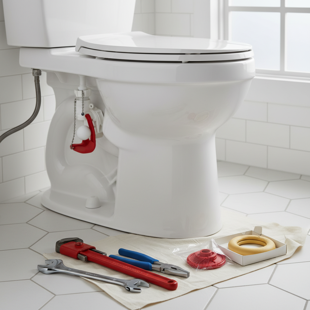 Tools and parts laid out on the floor in front of a toilet, ready for toilet repair services in Welby, CO.