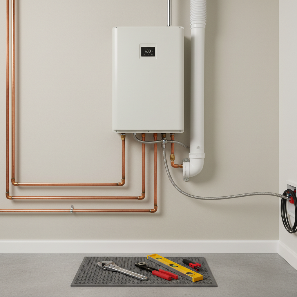 A newly installed white tankless water heater with copper piping and tools laid out below, ready for water heater installation in Derby, CO.