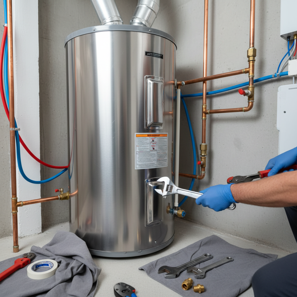 A plumber in blue gloves performs water heater installation in Irondale, CO, adjusting a new stainless steel unit with tools laid out around him.