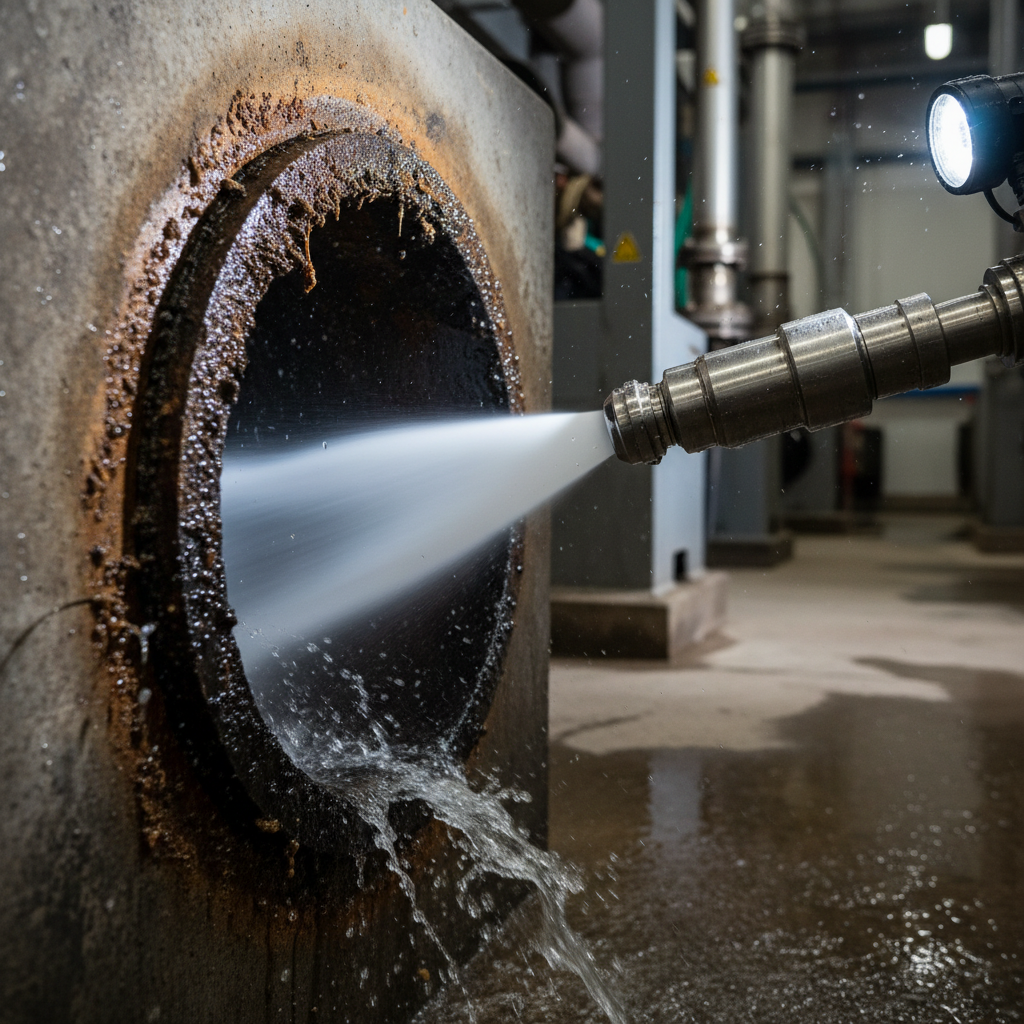 A close-up shot captures high-pressure water jetting services in action, cleaning a heavily corroded pipe in Commerce City, CO.