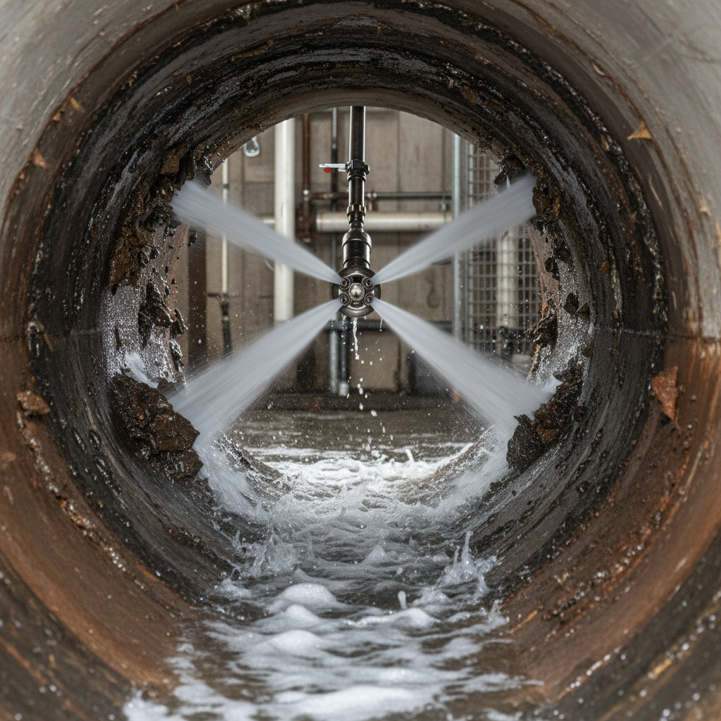 A specialized nozzle performs water jetting services inside a dirty pipe, clearing debris in Irondale, CO.