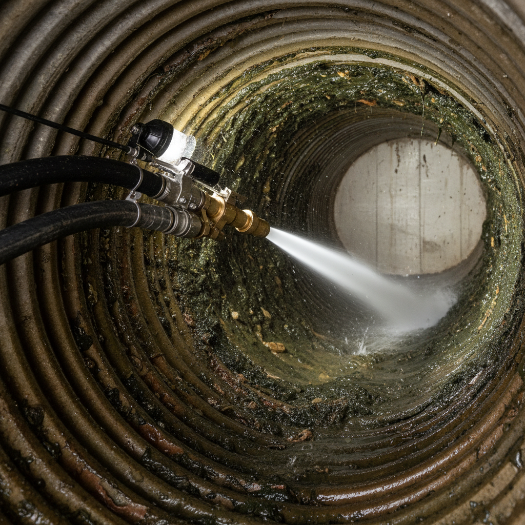 A water jetting services nozzle blasts away thick grime inside a corrugated pipe, illustrating effective drain cleaning in Welby, CO.