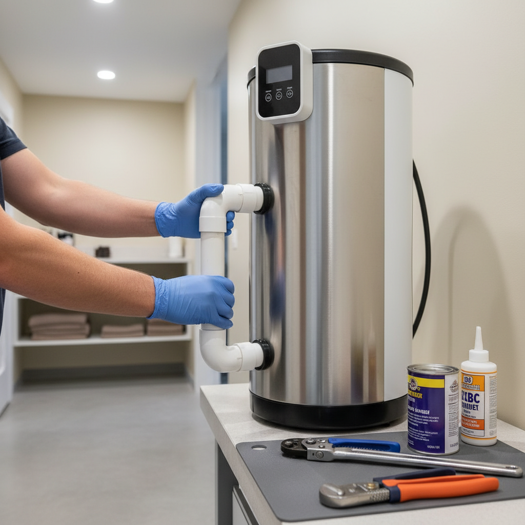 A technician in blue gloves performs a water softener installation in Four Square Mile, CO, connecting pipes to a new stainless steel unit.