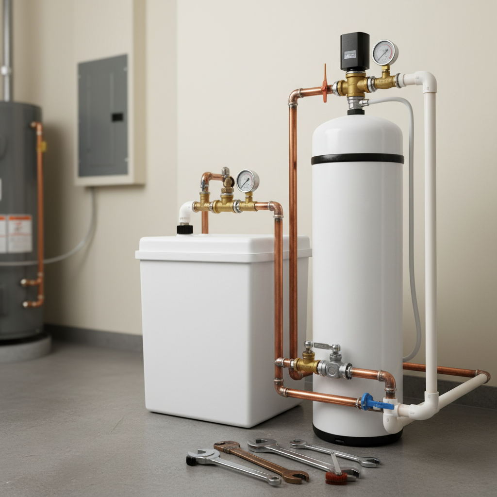 A newly installed water softener system with copper piping and gauges, ready for service in Irondale, CO.