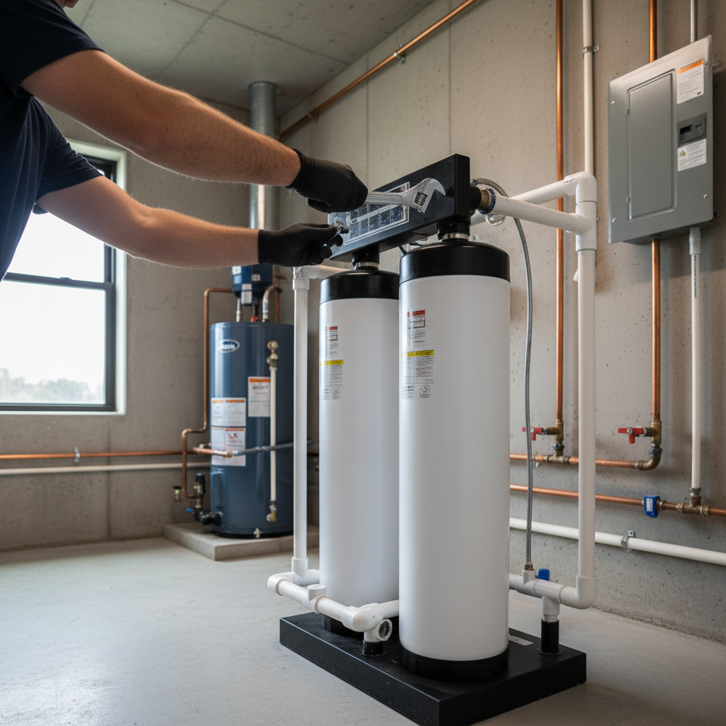 A technician performs water softener installation in Rolla, CO, adjusting the newly installed system in a utility room.